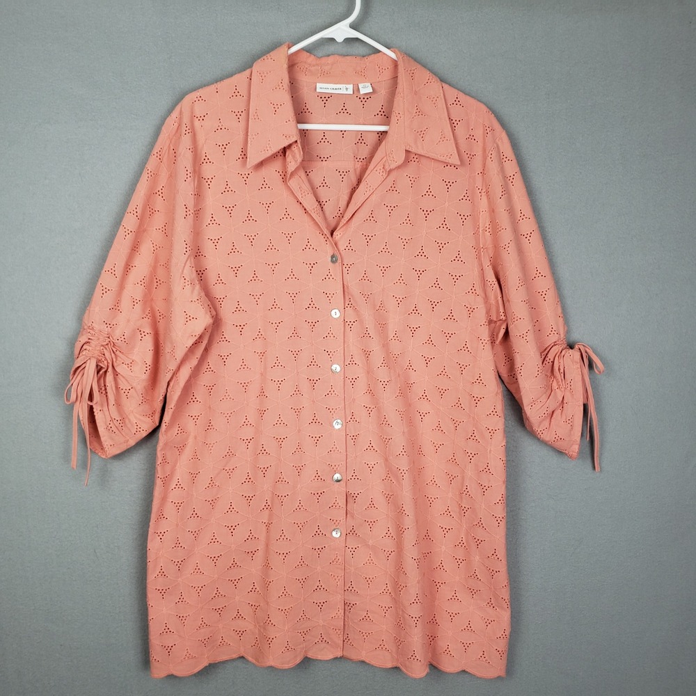 Susan Graver Size XL Eyelet Lace Tunic‎ Shirt Pastel Peach Spring Euro Summer